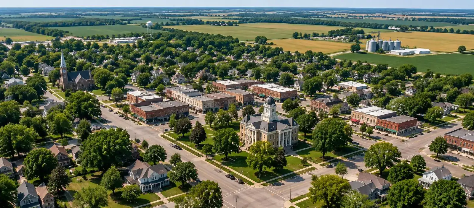 Aerial view of a small Michigan town with a courthouse and surrounding farmland
