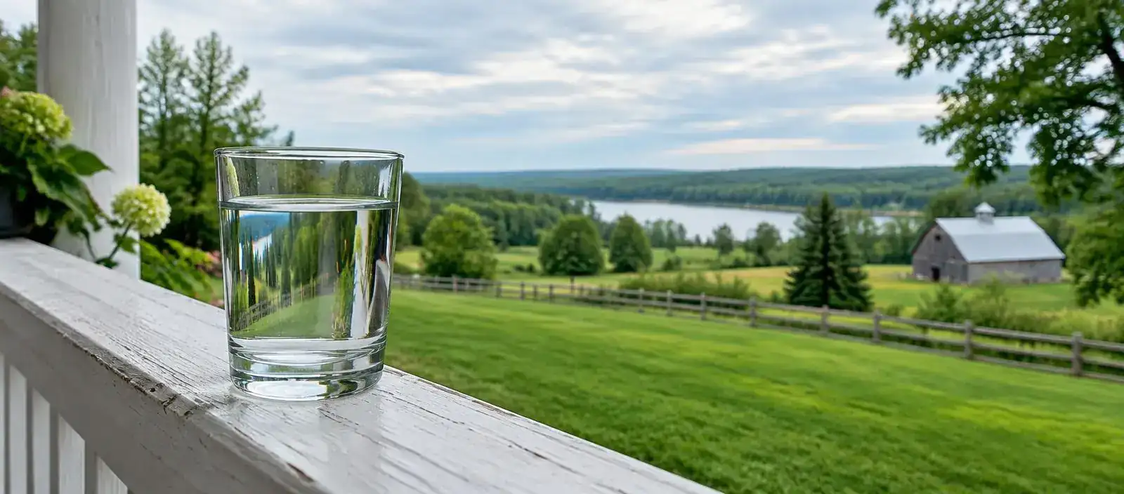 Glass of clear well water on a porch railing overlooking Michigan countryside
