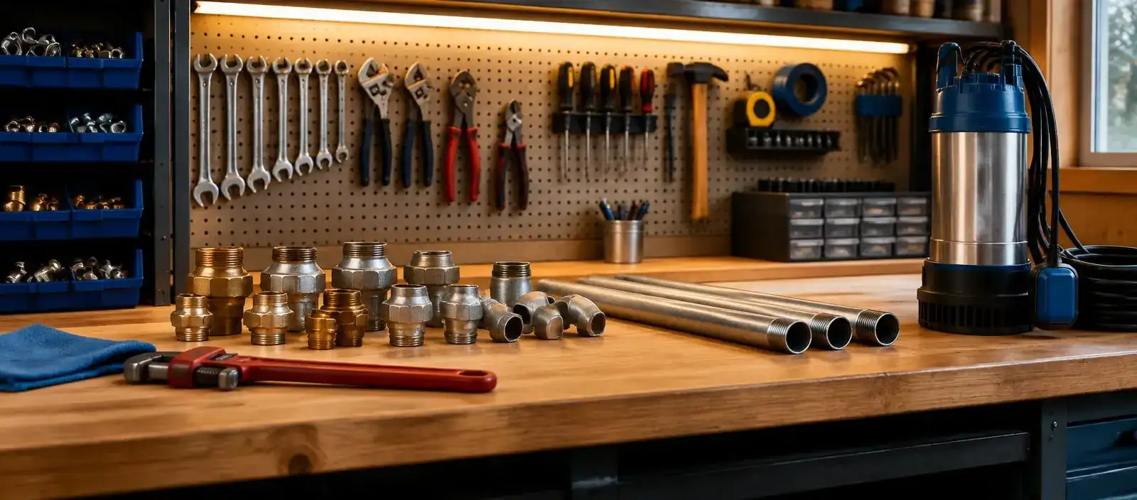 Well service workbench with pipe fittings, tools, and a pump