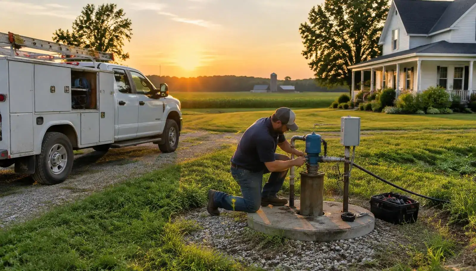 Well pump technician servicing a well head beside a farmhouse near St. Johns, Michigan