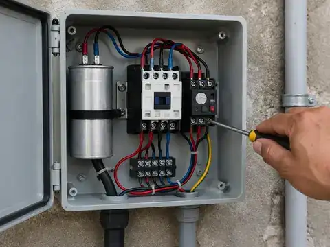 Open well pump control box with capacitor, relay, and wiring being tested