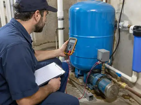 Technician reading a multimeter while testing a well pressure tank system