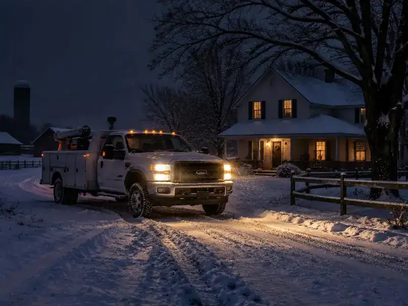 Service truck with headlights on arriving at a snowy rural farmhouse at night