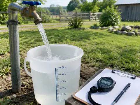 Outdoor spigot filling a measuring bucket with a stopwatch for a well flow test
