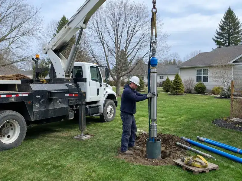 Pump hoist truck lowering a new well pump into a residential well casing