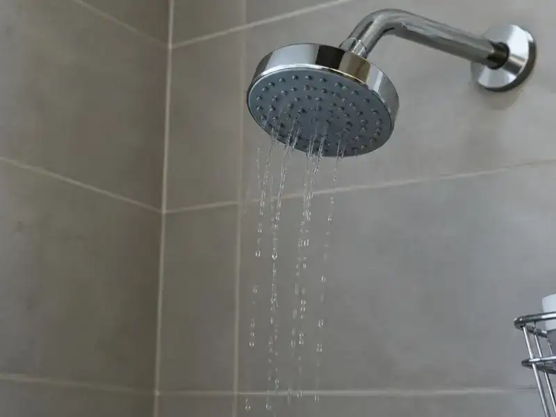 Shower head releasing a weak trickle of water from low well pressure