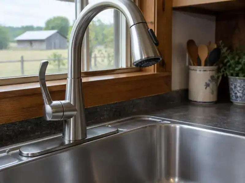 Kitchen faucet turned on with no water coming out in a rural home