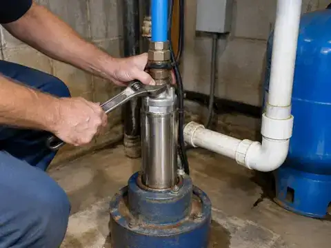 Technician tightening a fitting on a residential well pump in a basement