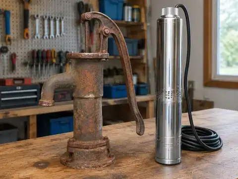Worn rusty well pump beside a new stainless steel submersible pump on a workbench