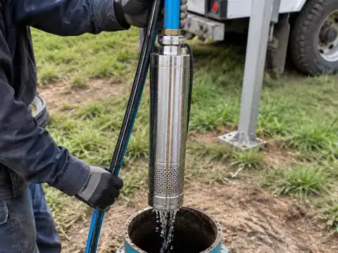 Stainless steel submersible well pump being lifted from a well with wiring attached