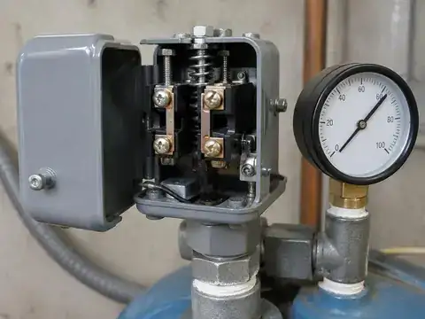Open well pump pressure switch showing contacts next to a pressure gauge