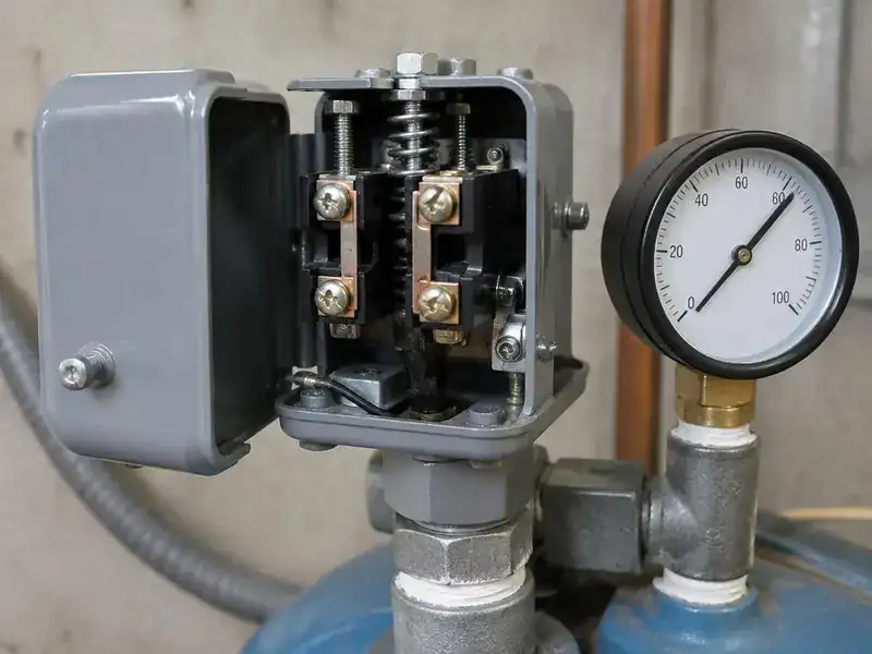 Open well pump pressure switch showing contacts next to a pressure gauge
