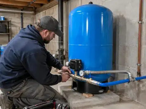 Technician connecting fittings to a new blue well pressure tank in a basement