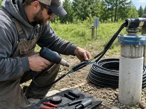 Technician sealing a well pump wire splice with heat shrink at the well head